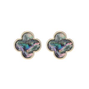 Women's Brass Abalone Shell Clover Stud Earrings