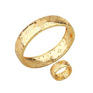 Women's Brass CZ Flowers Hinged Bracelet Ring Set