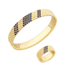 Women's Brass CZ Stripe Bubbles Hinged Bracelet Ring Set