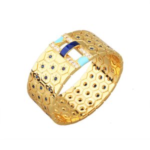 Women's Brass CZ Enamels Hexagon Stars Hinged Bracelet