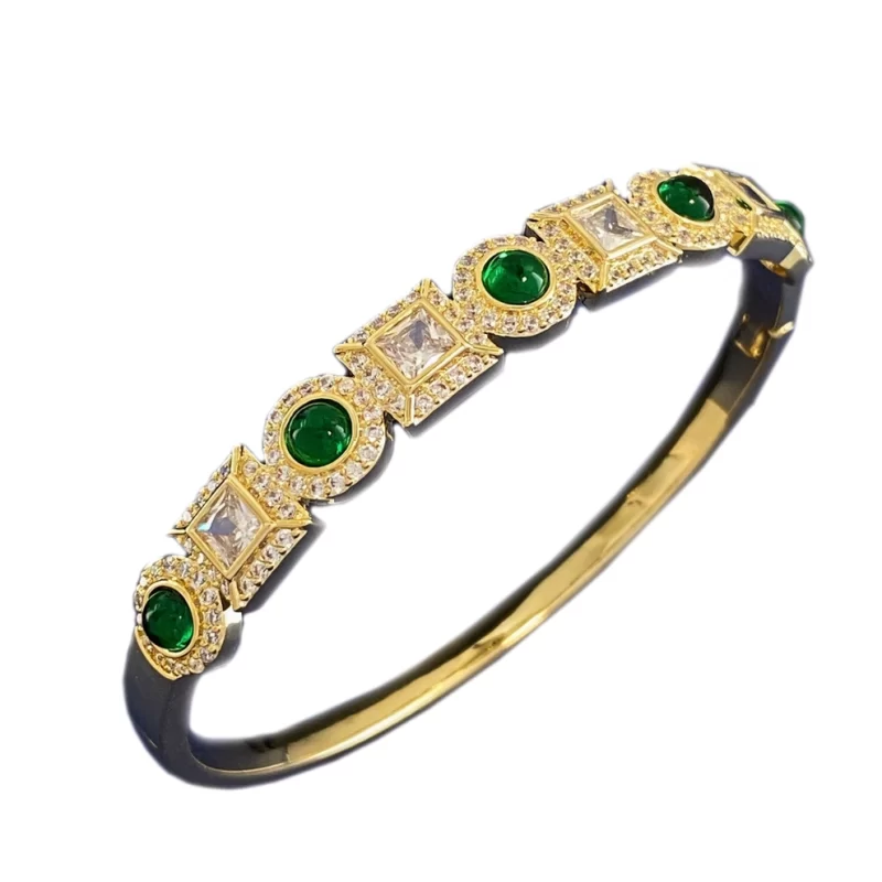 Women's Brass Geometric CZ Emeralds Hinged Bracelet