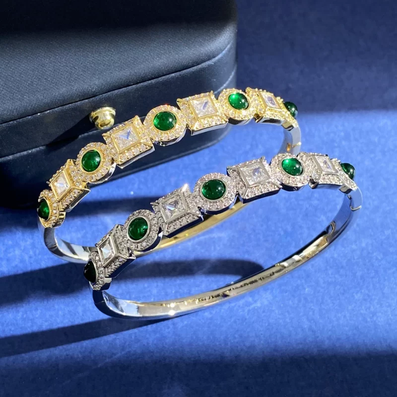 Women's Brass Geometric CZ Emeralds Hinged Bracelet