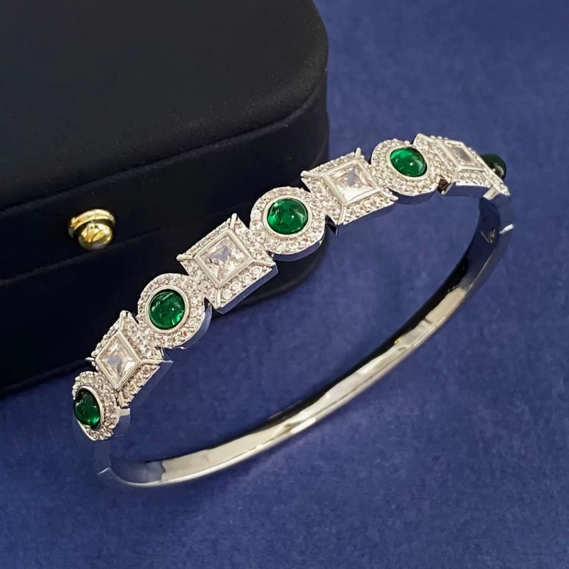 Women's Brass Geometric CZ Emeralds Hinged Bracelet