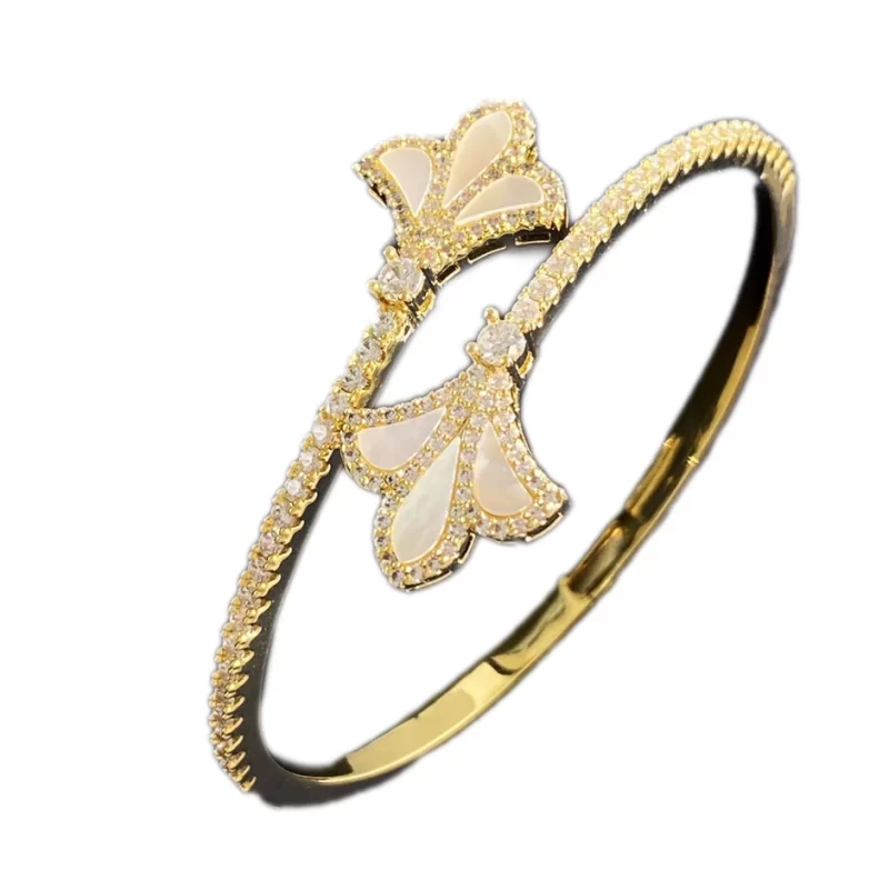 Women's Brass CZ Shells Flower Hinged Bracelet