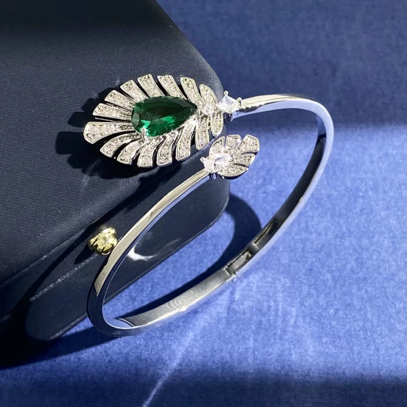 Women's Brass Teardrop Emerald CZ Leaf Hinged Bracelet