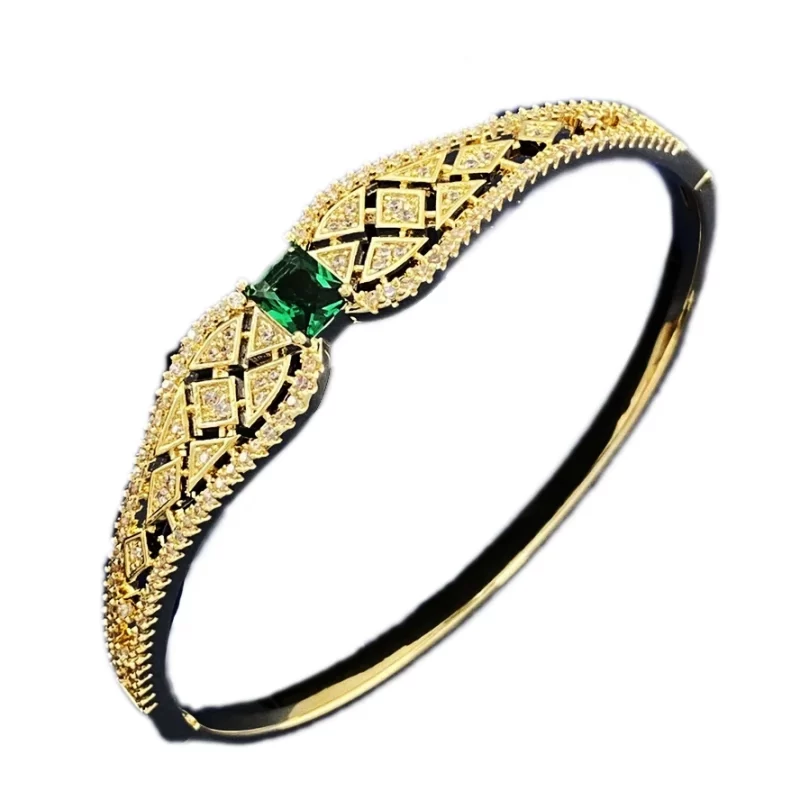 Women's Brass Hollow Rhombus Shell Emeralds Hinged Bracelet