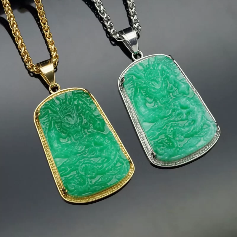 49mm Stainless Steel Chinese Loong Jade Shield Pendant