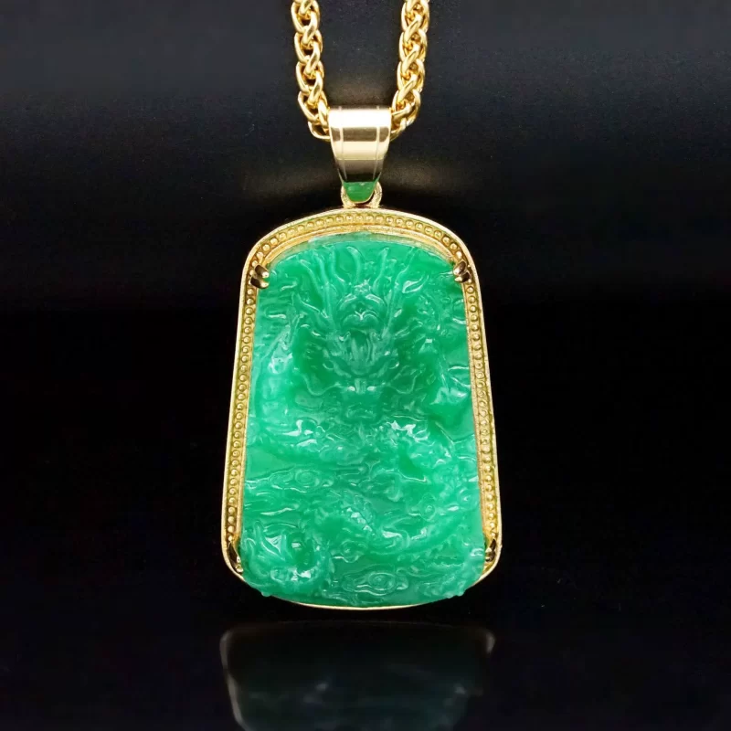 49mm Stainless Steel Chinese Loong Jade Shield Pendant