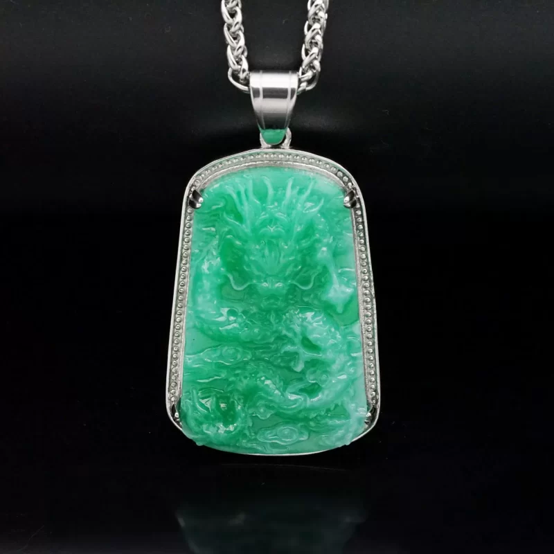 49mm Stainless Steel Chinese Loong Jade Shield Pendant