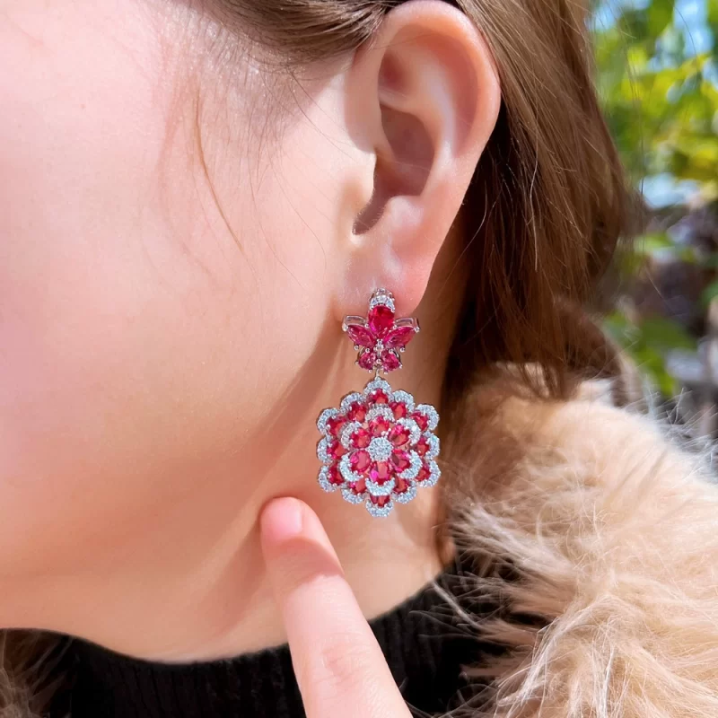 44mm Brass Red CZ Flowers Hanging Stud Earrings