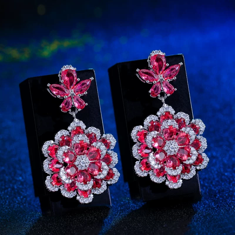 44mm Brass Red CZ Flowers Hanging Stud Earrings