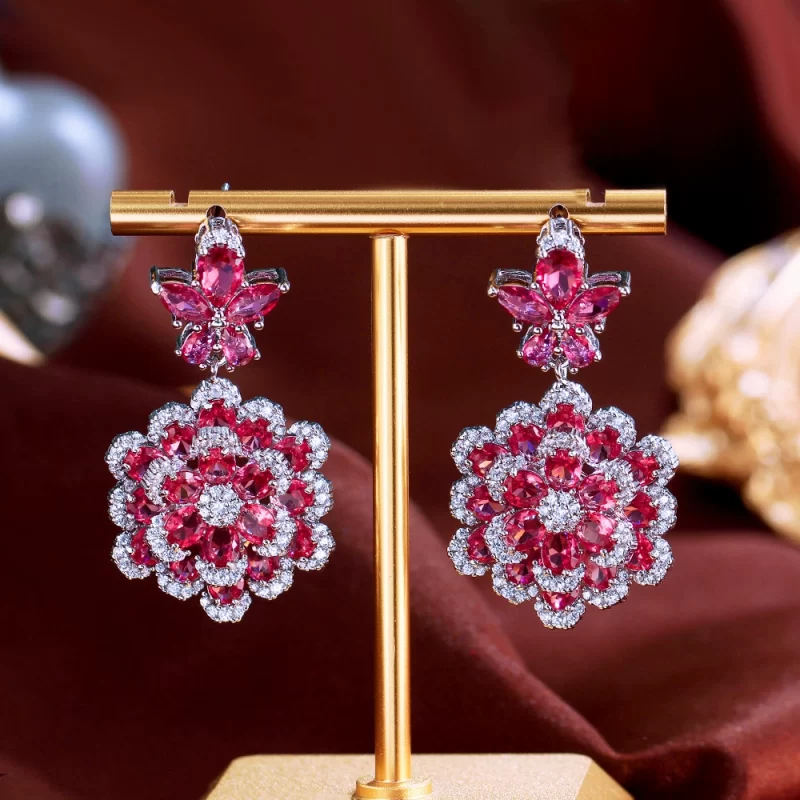 44mm Brass Red CZ Flowers Hanging Stud Earrings