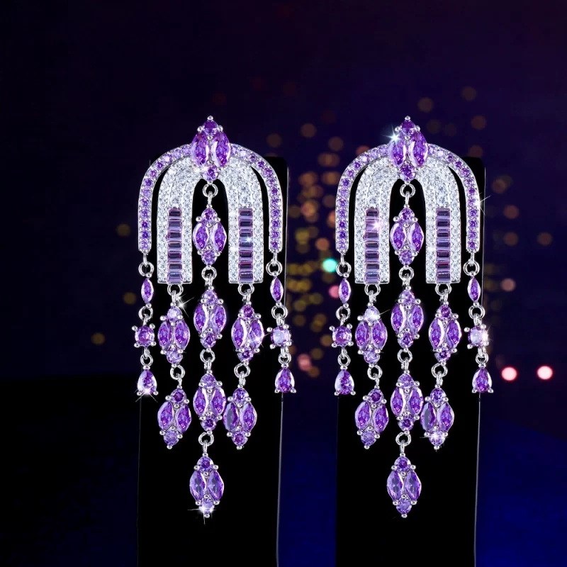 63mm Brass Purple Eye-shaped CZ Tassels Hanging Stud Earrings