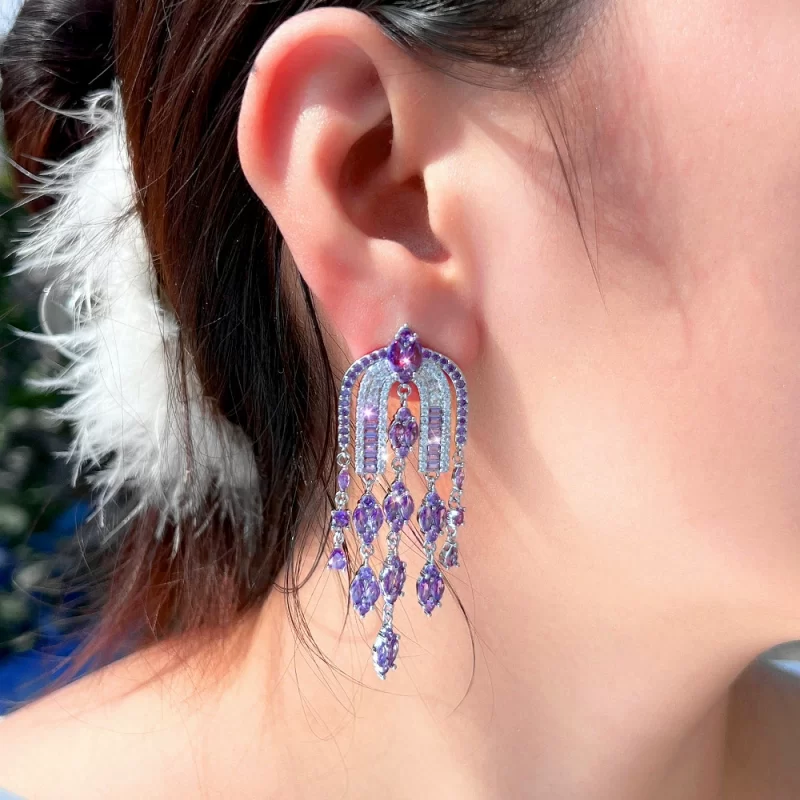 63mm Brass Purple Eye-shaped CZ Tassels Hanging Stud Earrings