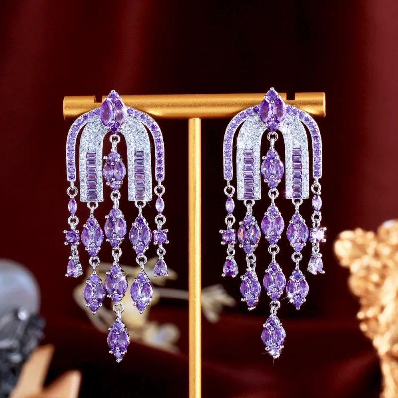 63mm Brass Purple Eye-shaped CZ Tassels Hanging Stud Earrings