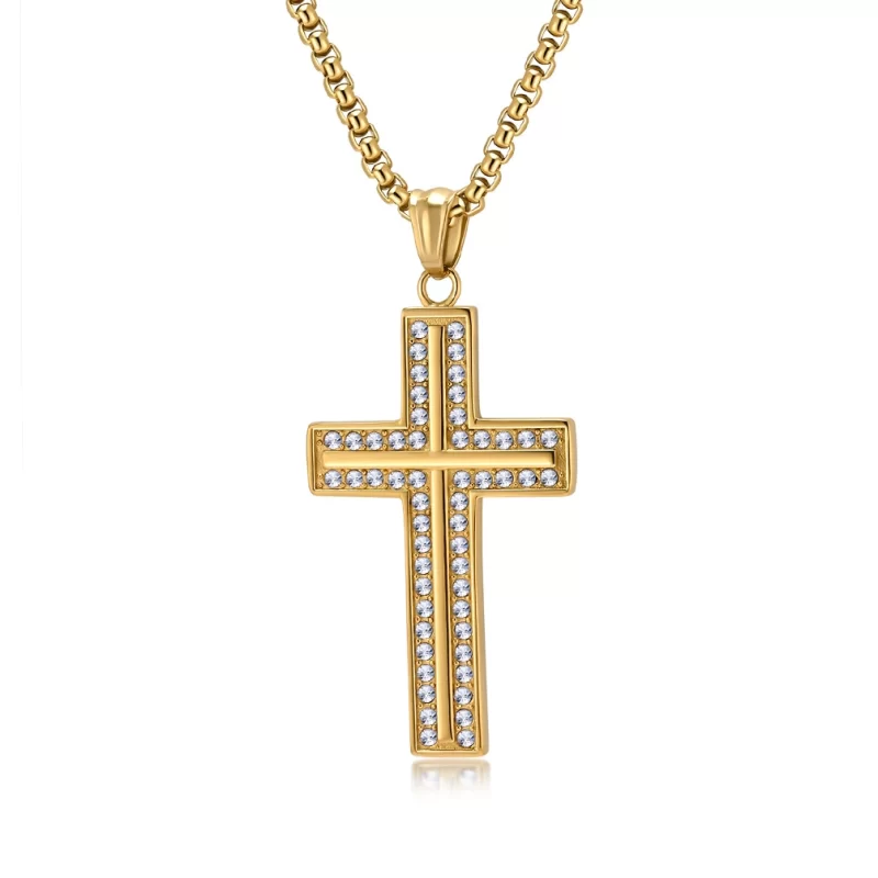 56mm Stainless Steel Diamonds Cross Pendant Necklace