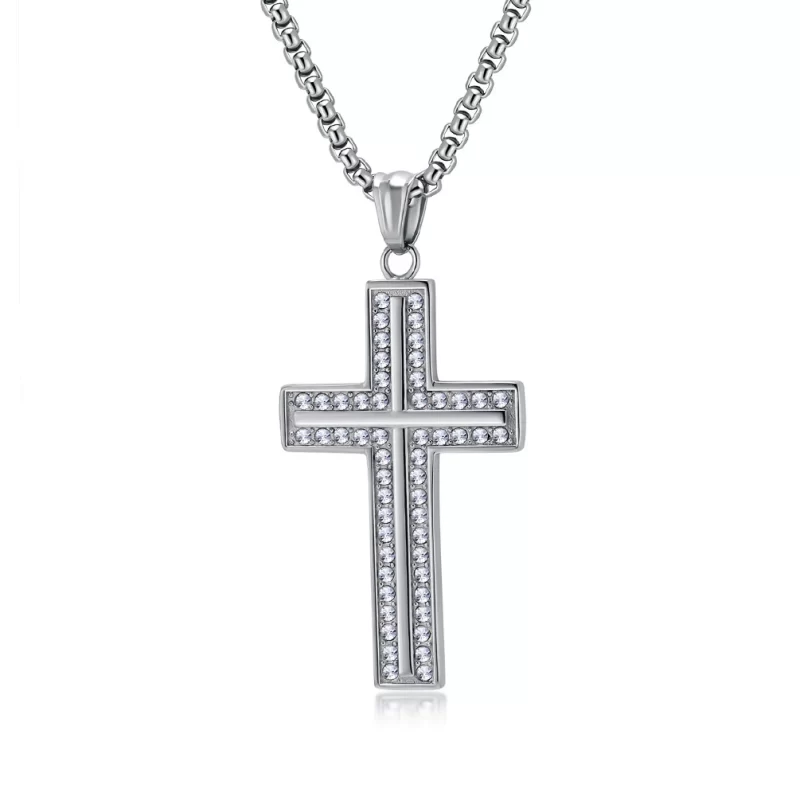 56mm Stainless Steel Diamonds Cross Pendant Necklace