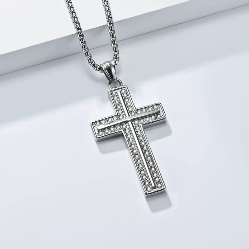 56mm Stainless Steel Diamonds Cross Pendant Necklace