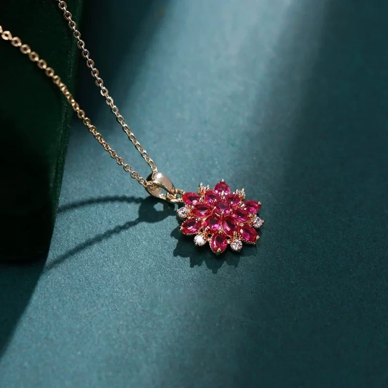 Brass Rose Colored Zirconia Flower Pendant Necklace