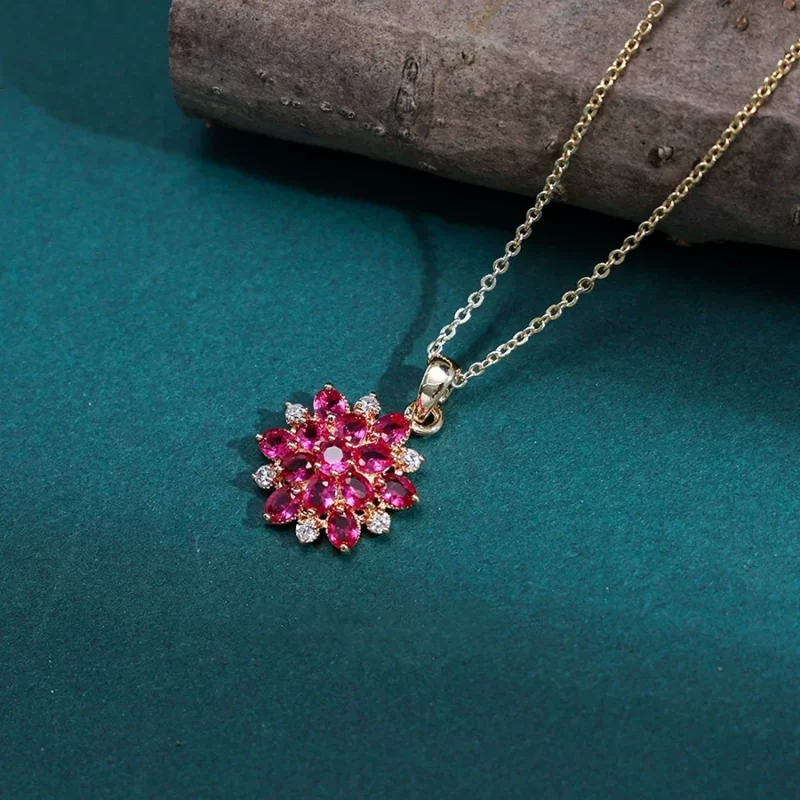 Brass Rose Colored Zirconia Flower Pendant Necklace