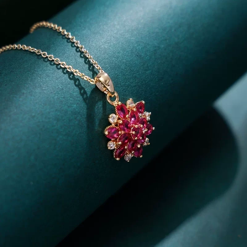 Brass Rose Colored Zirconia Flower Pendant Necklace