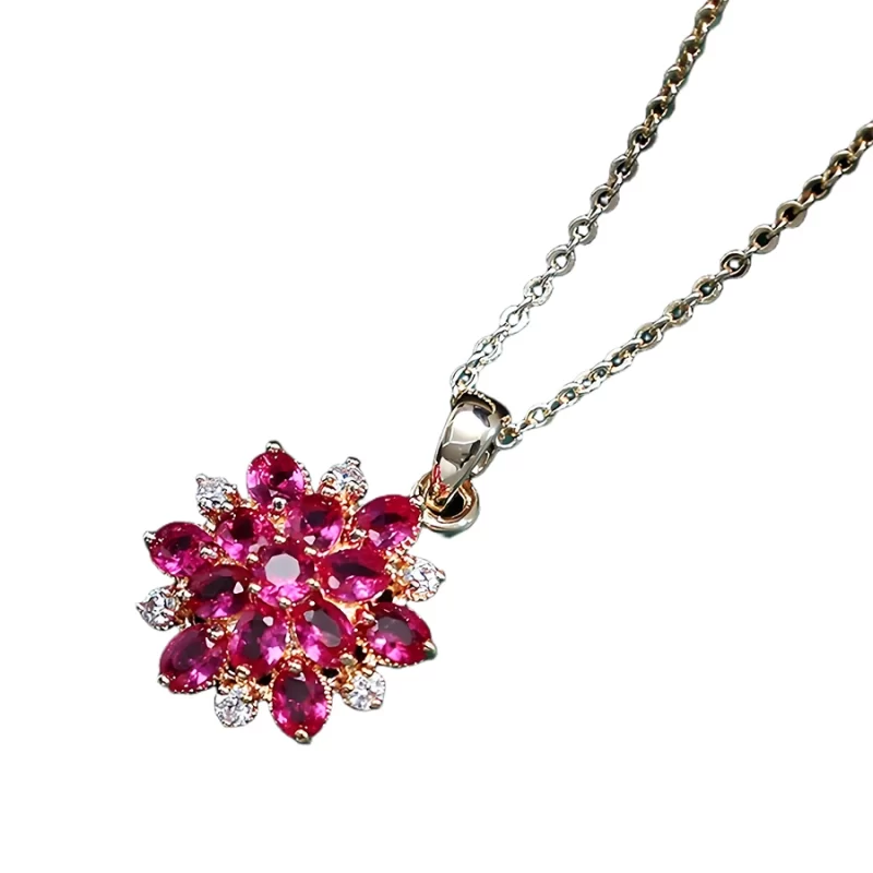 Brass Rose Colored Zirconia Flower Pendant Necklace