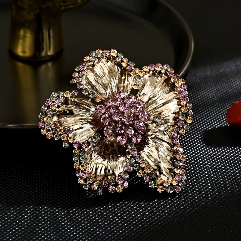 Brass 62mm Hollow Purple CZ Flower Brooch Pins