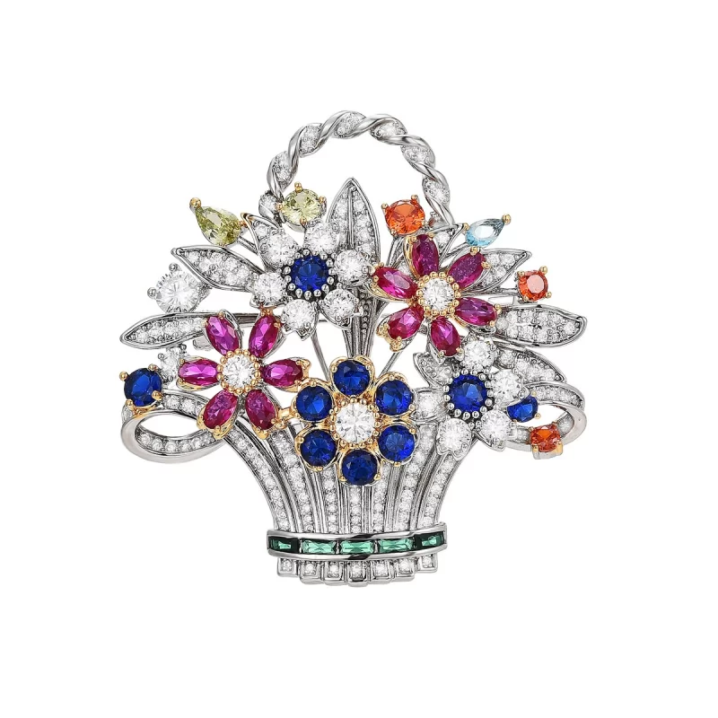 Brass 53mm Colorful CZ Flower Basket Brooch