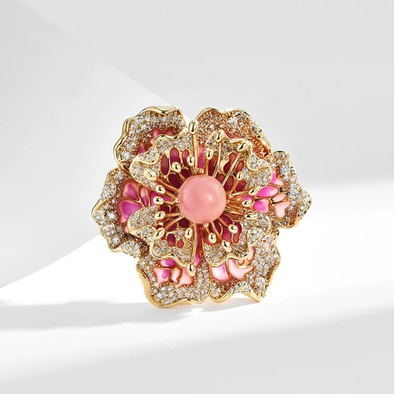 Brass 45mm Pink CZ Pearl Flower Brooch Pins