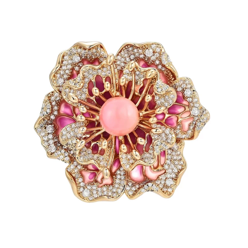 Brass 45mm Pink CZ Pearl Flower Brooch Pins