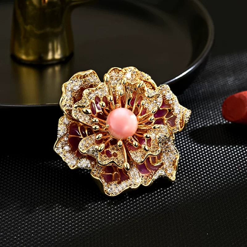 Brass 45mm Pink CZ Pearl Flower Brooch Pins