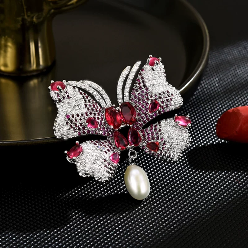 Brass 42mm Red CZ Pearl Butterfly Brooch Pins