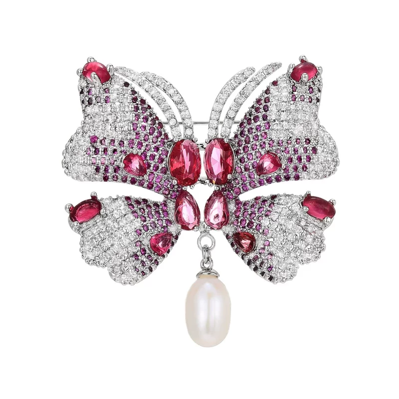 Brass 42mm Red CZ Pearl Butterfly Brooch Pins