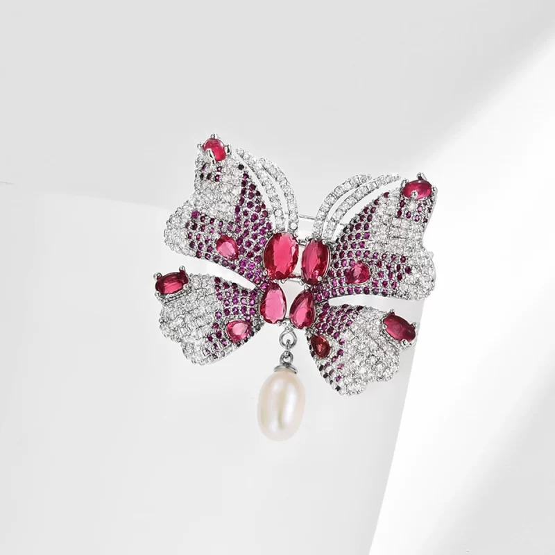 Brass 42mm Red CZ Pearl Butterfly Brooch Pins