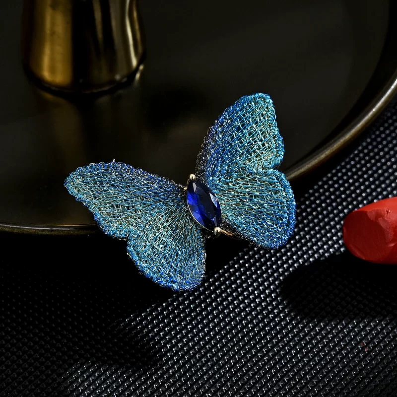 Brass 39mm Blue Fabrics CZ Butterfly Brooch Pins