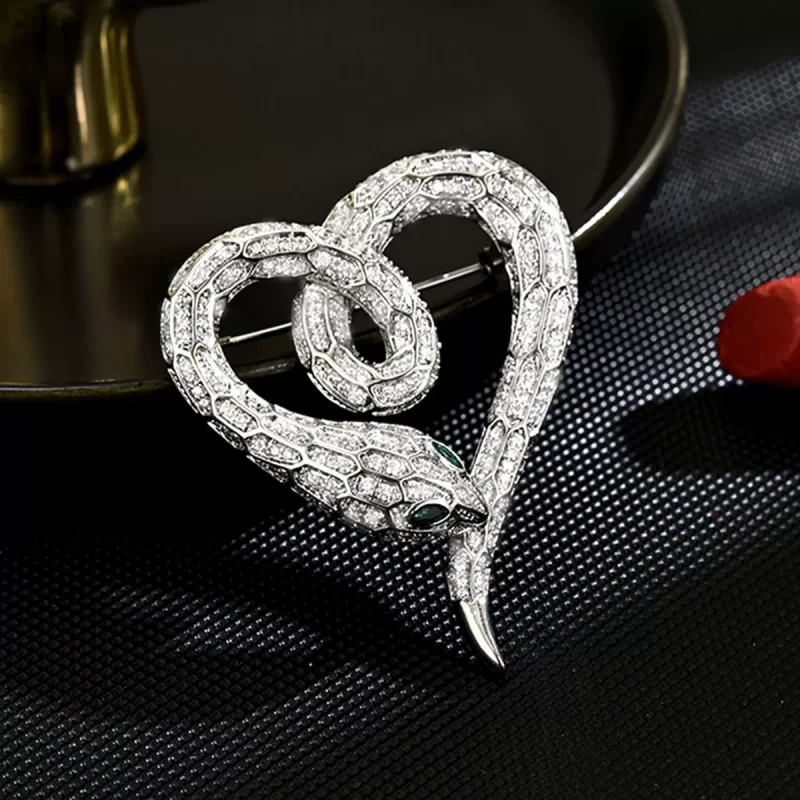 Brass 52mm White CZ Snake Heart Brooch Pins