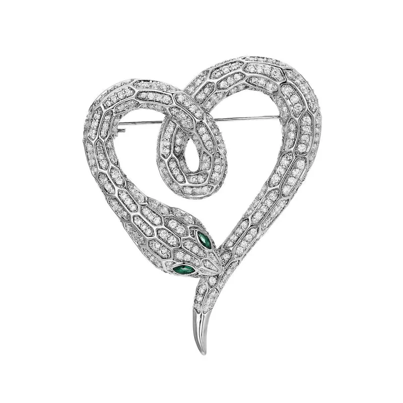 Brass 52mm White CZ Snake Heart Brooch Pins