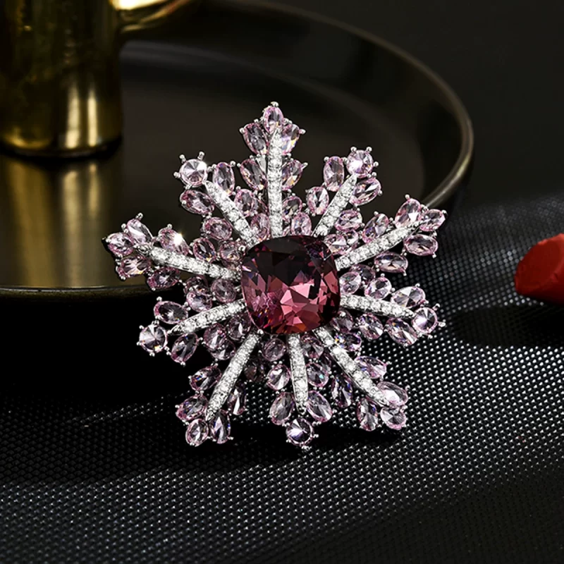 Brass 51mm Colored Hollow CZ Snowflake Brooch Pins