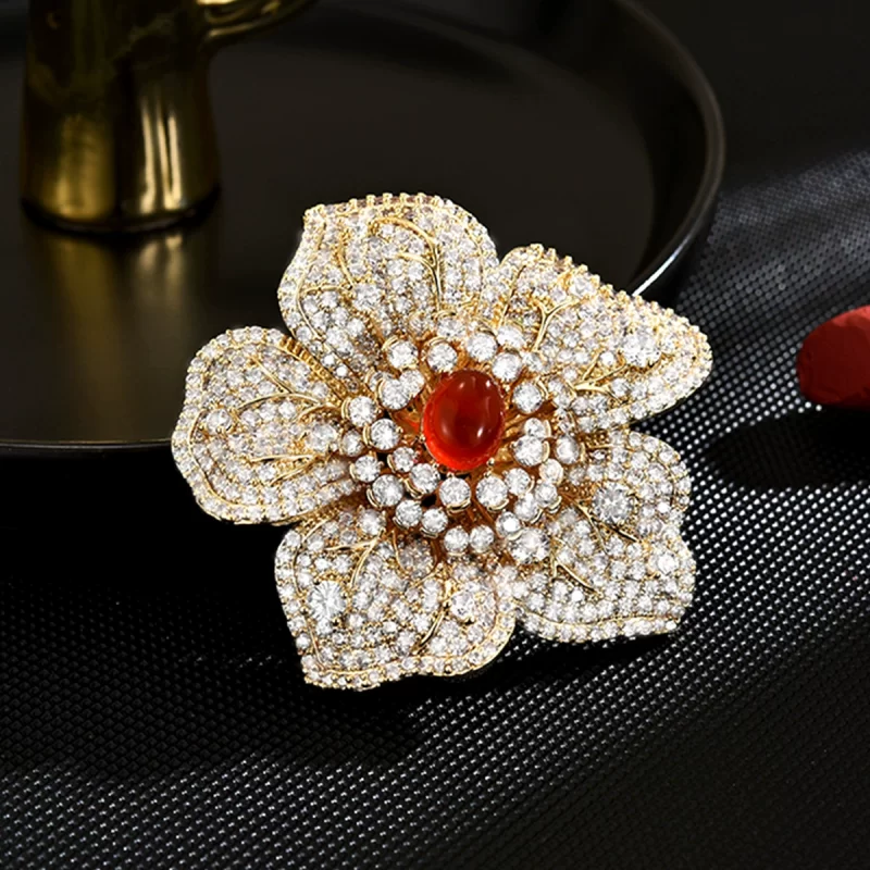 Brass 54mm Colored Diamond Gemstone Flower Brooch Pins