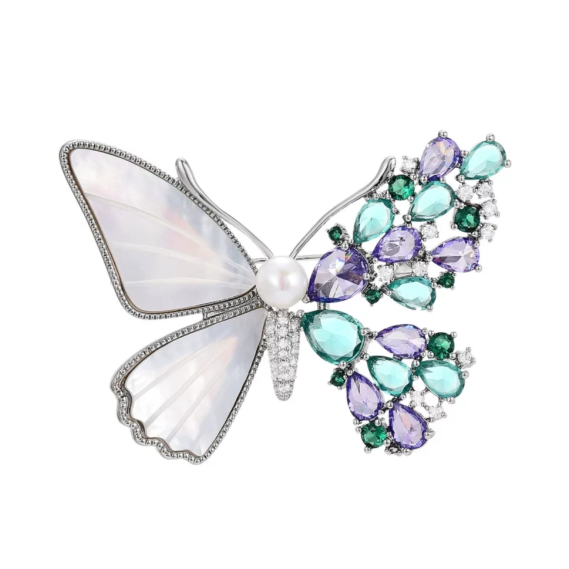 Brass 51mm Green Diamonds Shell Butterfly Brooch Pins