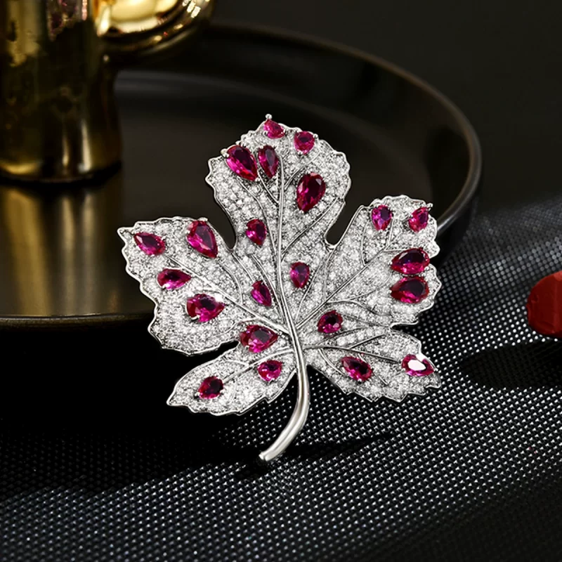 Brass 51mm Diamonds Maple Leaf Brooch Pins