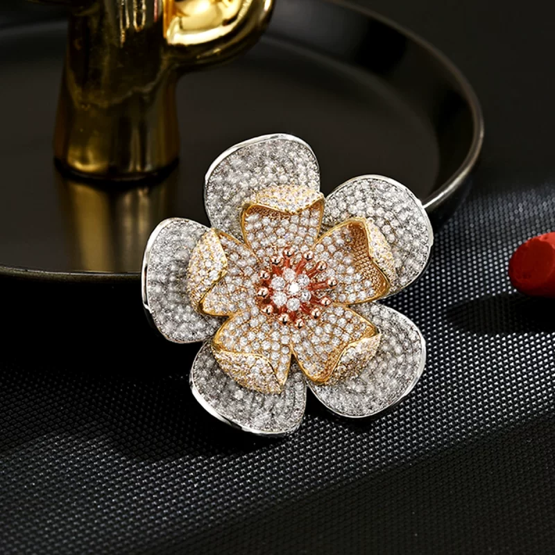 Brass 47mm Diamonds Flower Brooch Pin