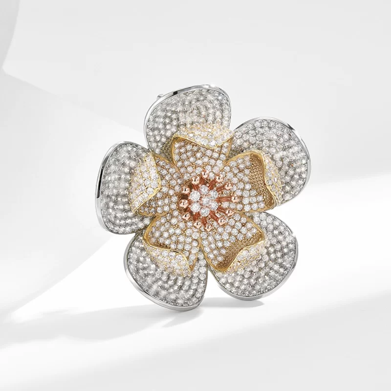 Brass 47mm Diamonds Flower Brooch Pin