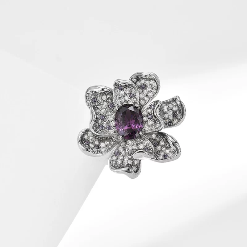 Brass 28mm Diamonds Amethyst Flower Magnetic Brooch