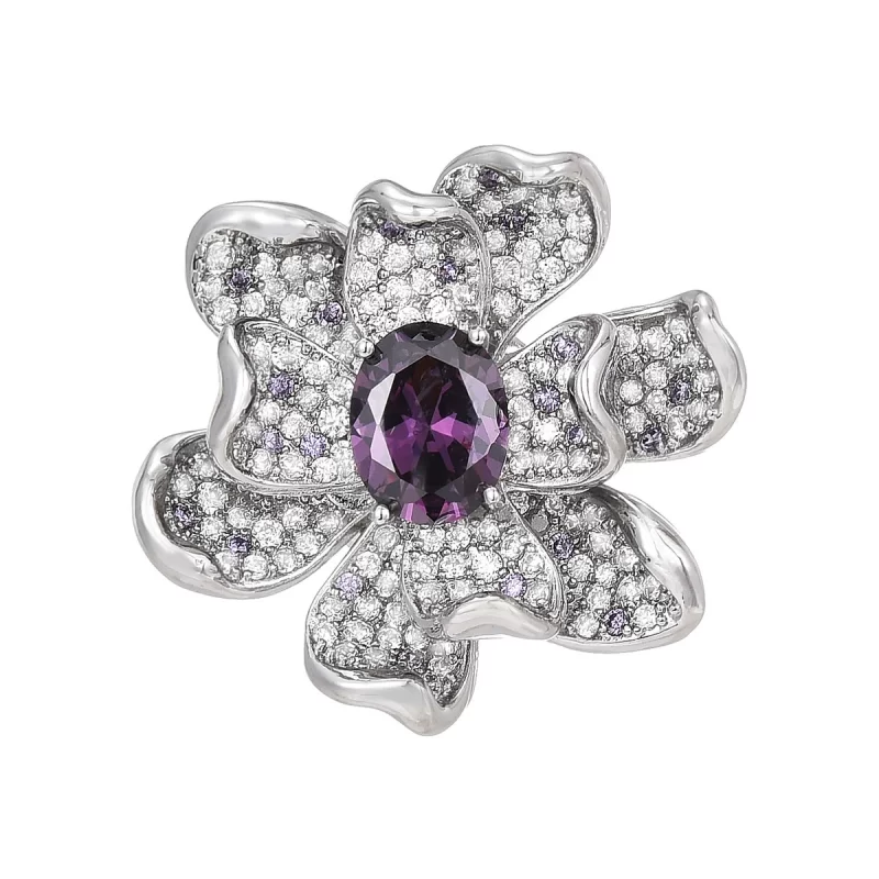 Brass 28mm Diamonds Amethyst Flower Magnetic Brooch