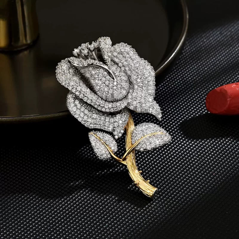 Brass 62mm Diamonds Rose Flower Brooch Pin