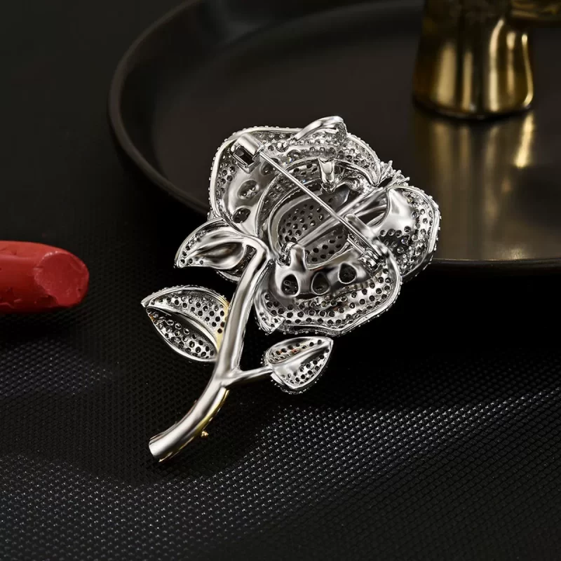 Brass 62mm Diamonds Rose Flower Brooch Pin