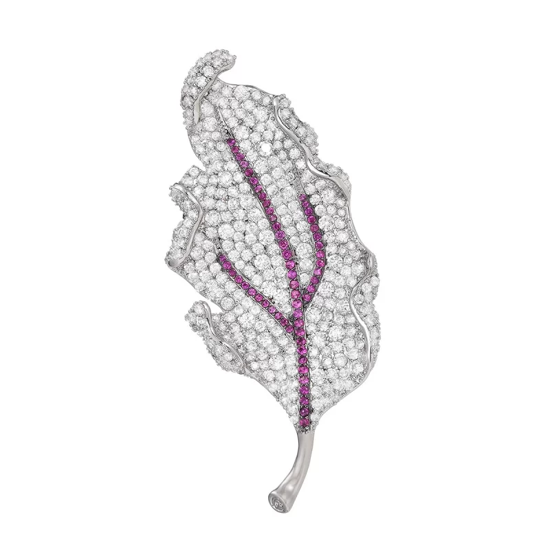 Brass 72mm Diamonds Wrinkle Leaf Brooch Pin