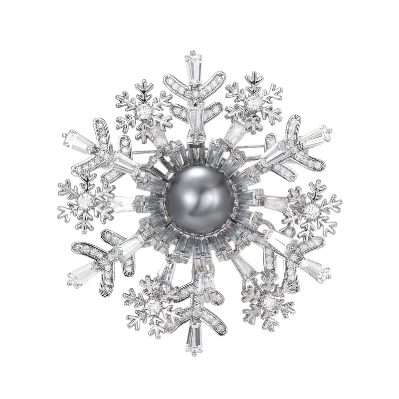 Brass 51mm Grey Pearl Diamonds Snowflake Brooch Pin