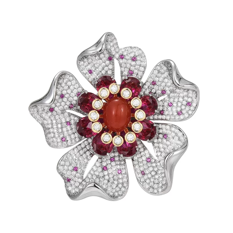 Brass 49mm Diamonds Kapok Flower Brooch Pin